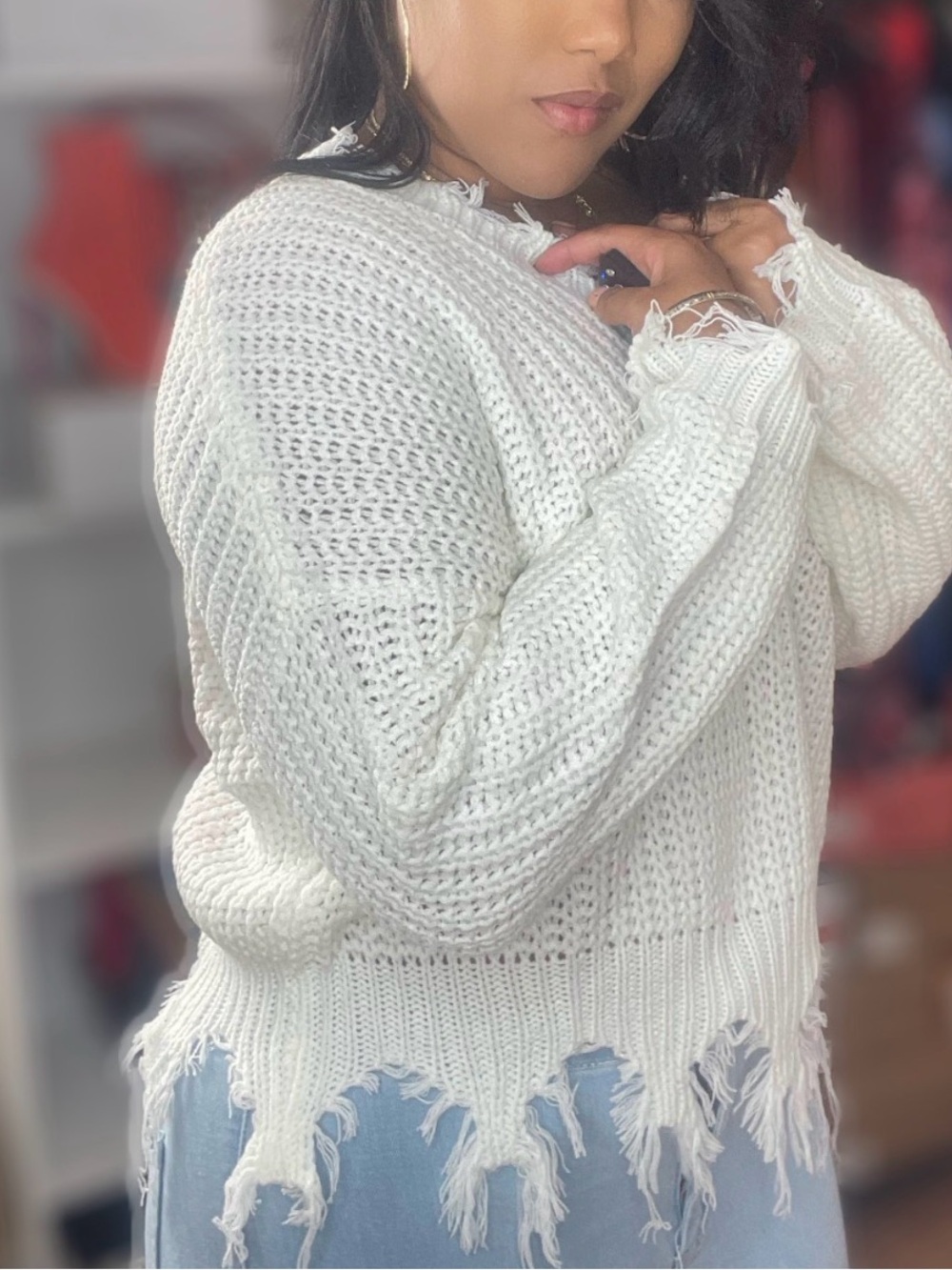 White Distressed Knit Women's Sweater/Olive color available
